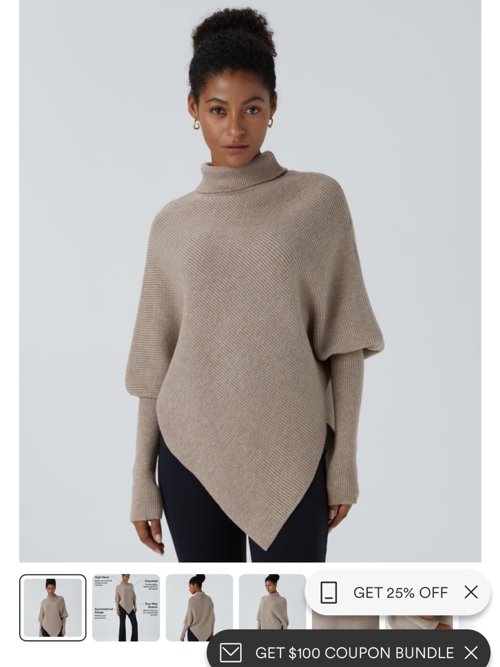 Halara Turtleneck Asymmetric Poncho Sweater - Taupe xl